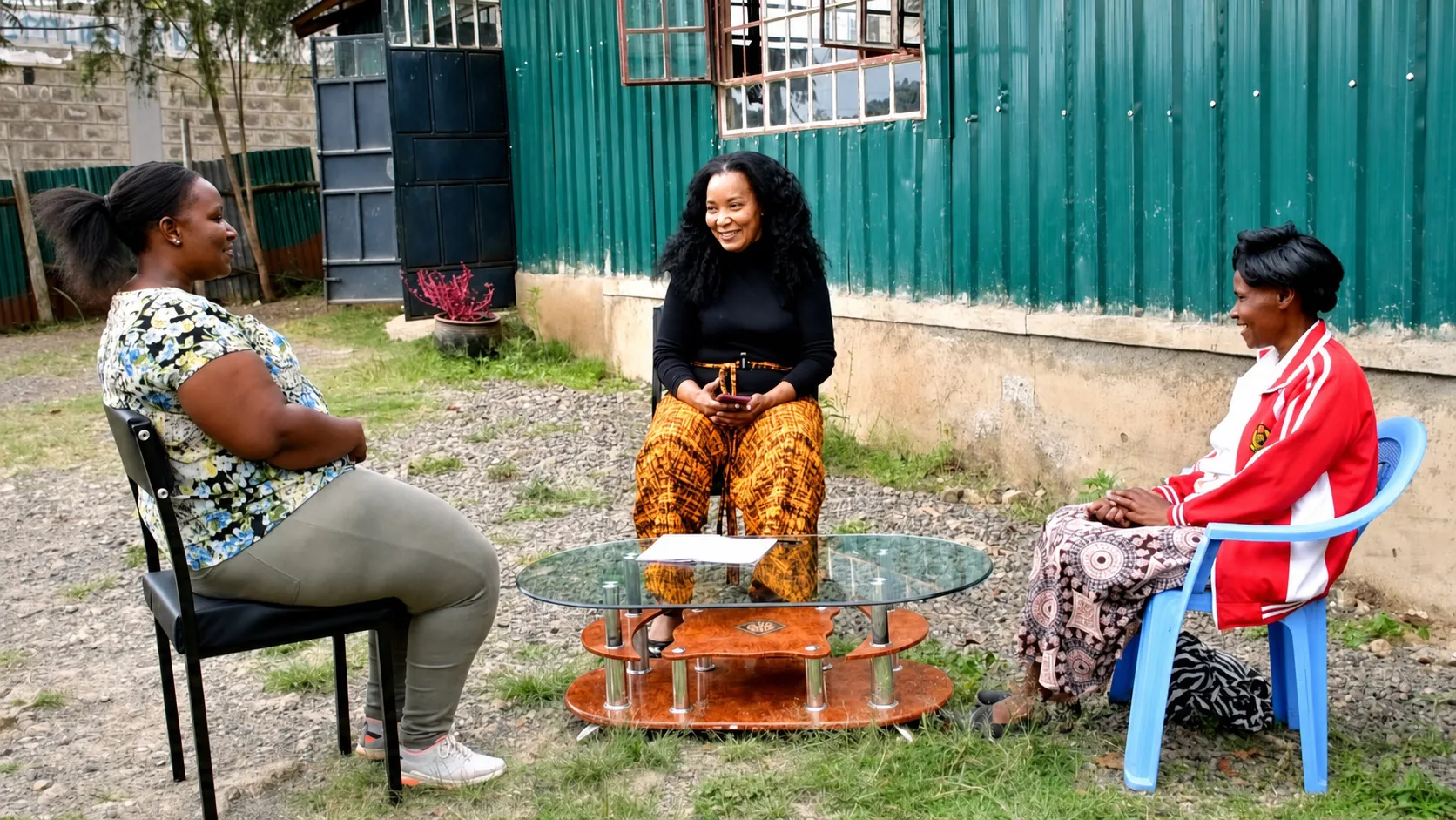 Three women sharing a relaxed counseling conversation outdoors